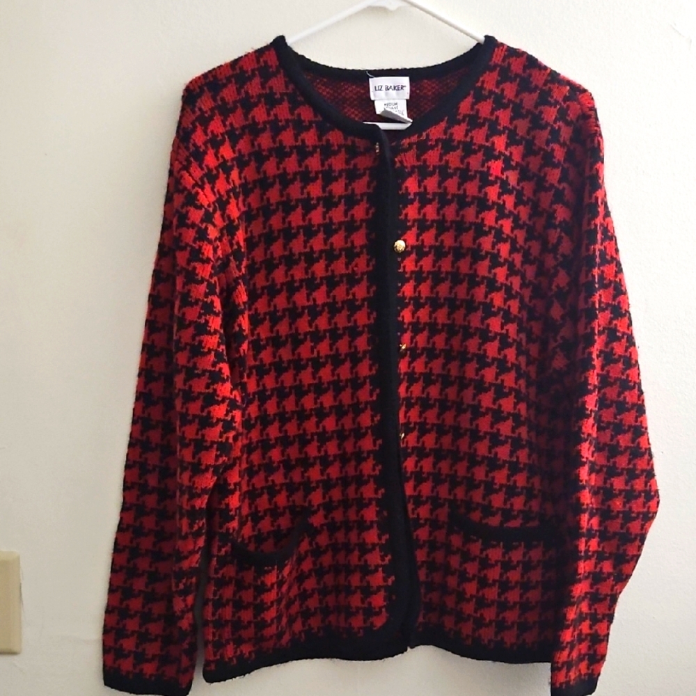 Medium LIZ BAKER Red and Black Houndstooth Cardigan‎